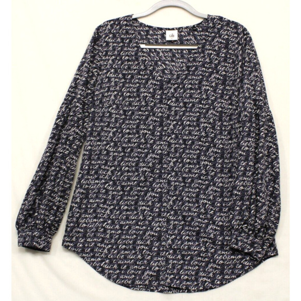 Cabi Love Print Blouse Women M Blue Long Bishop Sleeve V-Neck Office Wear